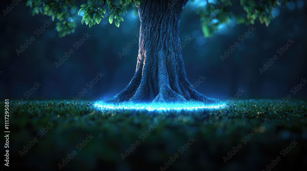 Poster a glowing tree trunk with luminous roots in a mystical forest setting at dusk.