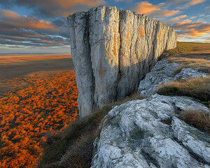 Majestic cliff overlooking autumnal landscape at sunset.