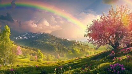 Obraz premium A serene landscape featuring a rainbow, mountains, and blooming flowers.