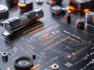An array of digital precision tools, including an AIassisted caliper and smart screwdriver, with holographic readings in the background