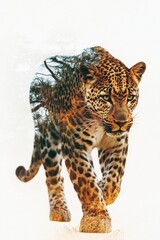 Naklejka premium A striking double exposure of a leopard walking through a serene landscape at sunset, showcasing nature's beauty and wildlife majesty. Generative AI