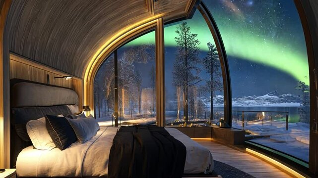 Eco-friendly Northern Lights lodges offering sustainable accommodation with panoramic Aurora views.