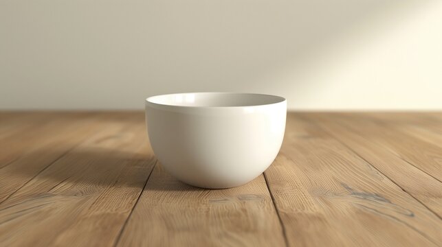A single white ceramic cup placed on a clean wooden table, perfectly centered in an empty space.