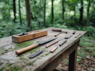 Fototapeta premium Natural A carpenter s tools including chisels and hand planes, displayed on a mosscovered workbench in the middle of a serene forest clearing