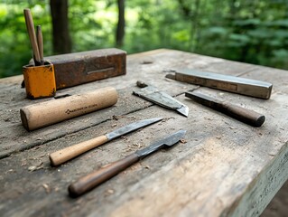 Natural A carpenter s tools including chisels and hand planes, displayed on a mosscovered workbench in the middle of a serene forest clearing