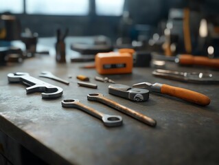 Postapocalyptic A makeshift toolkit made of scavenged materials, including improvised pliers and ducttaped wrenches, resting on a dusty metal table in a desolate workshop