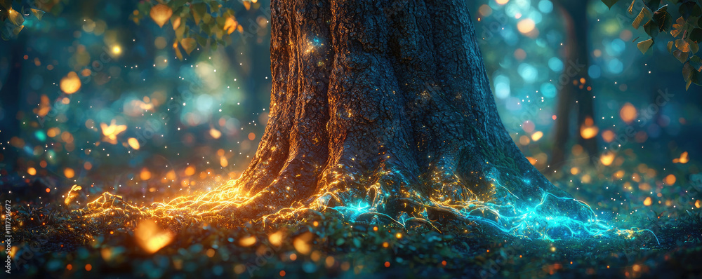 Aufkleber a magical tree base illuminated by glowing sparkles in a serene forest setting.