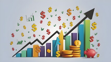 Fototapeta premium Dynamic business growth chart with upward trend gold coins and dollar signs symbolizing financial success and economic prosperity
