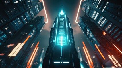 Futuristic cityscape featuring a towering neon-lit skyscraper at night.