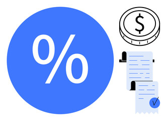 Large blue percentage symbol with black and white dollar coin and blue checkmarked receipts on a white background. Ideal for finance, accounting, economics, taxation, budgeting, and investment