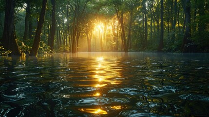 Obraz premium Sunlit river flowing through a lush green forest at sunrise.