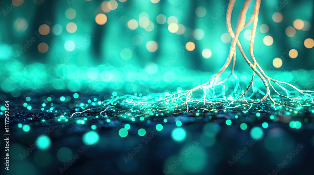 Poster a mesmerizing display of glowing roots intertwined with sparkling lights on a dark surface.