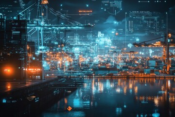 Nighttime capture of global trade and logistics digital overlay at container port