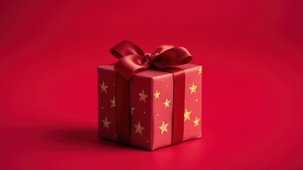 Obraz premium A Red Gift Box with a Golden Star Pattern and a Red Bow on a Red Background
