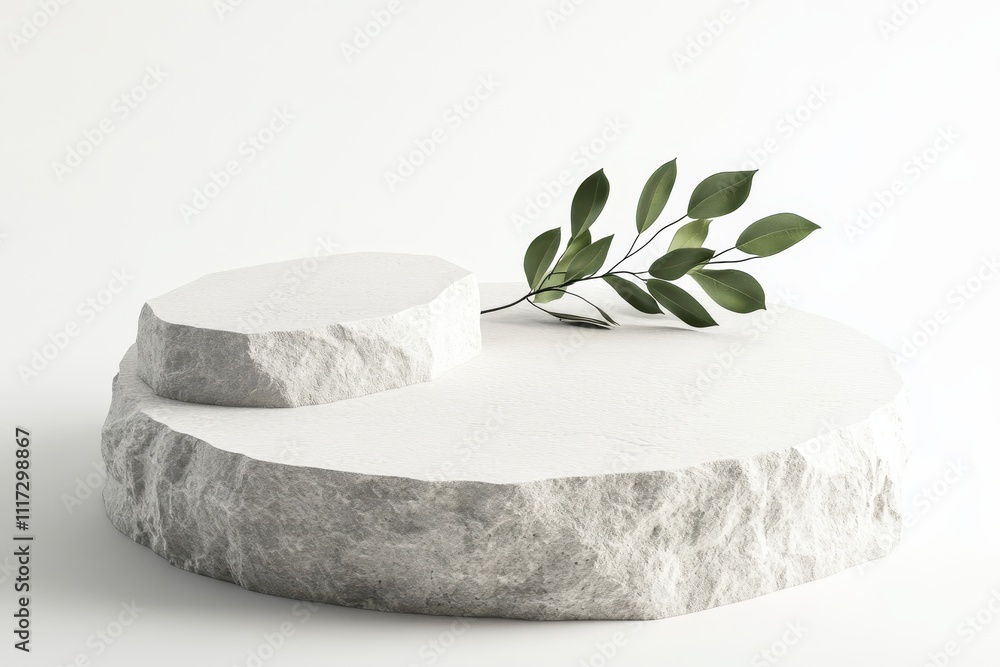 Poster a minimalist stone display with a branch, emphasizing natural elements and simplicity.