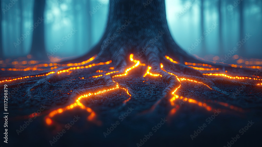 Poster a mesmerizing view of glowing tree roots illuminated in a mystical forest landscape.