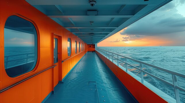 Sunset view from ship deck, orange walls, ocean horizon.