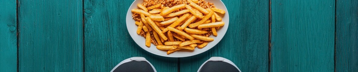 Obesity health awareness running shoes vs. Junk food lifestyle environment close-up perspective