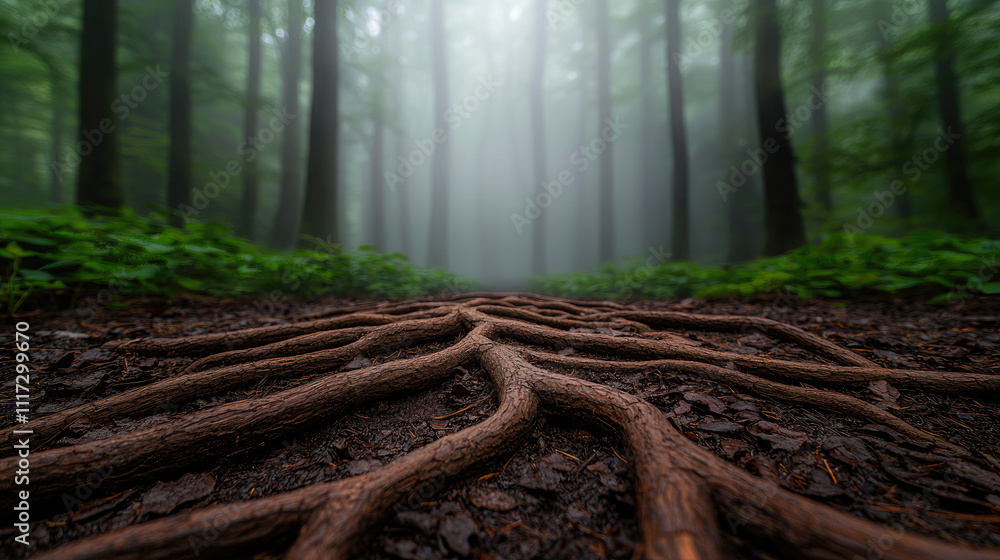 Aufkleber a misty forest with exposed tree roots, creating an enchanting and serene atmosphere.