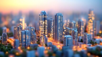 Obraz premium Illuminated Cityscape Model at Dusk Showing Modern Buildings