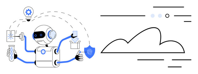 Robot uses multiple arms to complete tasks including research, delivery, and engineering. Cloud icon with connection lines. Ideal for technology, AI, automation, innovation, security, cloud