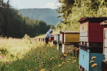 Colorful beehives line a field, a beekeeper works in the distance. This image depicts rural beekeeping, showcasing honey production.