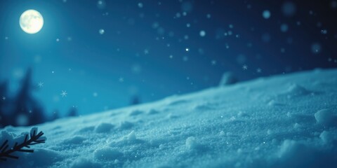 Naklejka premium A serene winter night scene with a bright moon, falling snow, and a close-up view of a snowy landscape