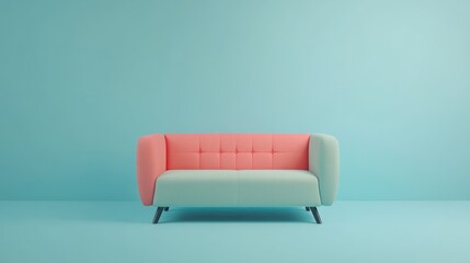 A modern, colorful sofa against a minimalist blue background.