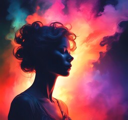 Illustration of woman silhouette with dramatic multicolor smoke background.