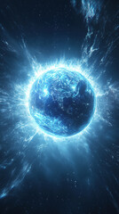 Obraz premium glowing planet surrounded by radiant energy in deep space, showcasing vibrant blue hues and dynamic light effects. This captivating scene evokes sense of wonder and exploration