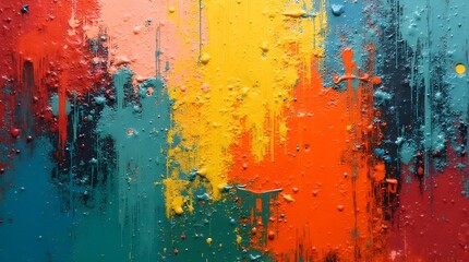 Dynamic splashes of vibrant paint create colorful and textured abstract canvas. Various shades blend, drip, forming a visually striking artwork full of creativity and artistic expression. copy space