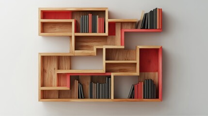 Modern Wooden Bookcase Design With Red Accents