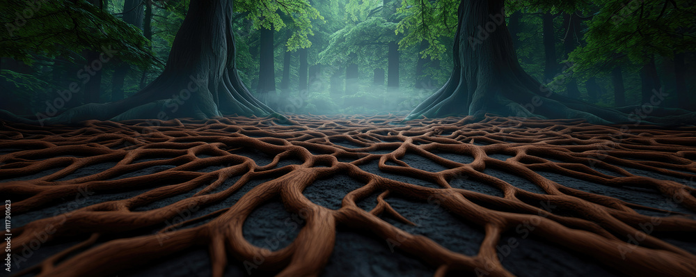 Poster a mystical forest scene featuring intricate roots under tall trees and soft light.