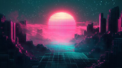 A vibrant gradient shifting from bold magenta to teal green, textured with pixelated digital noise and glowing highlights, evoking an 80s neon aesthetic, high-definition artwork. --ar 16:9