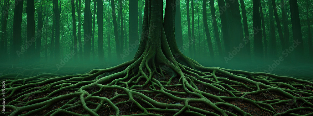 Poster a mystical forest scene highlighting the intricate roots of a large tree.