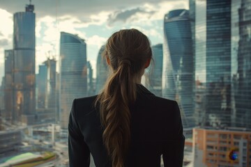 Fototapeta premium Woman in business suit, back view, overlooking cityscape. Illustrates ambition, success, and future goals in business.