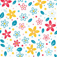 Colorful floral pattern with flowers, leaves, and dots on white background.
