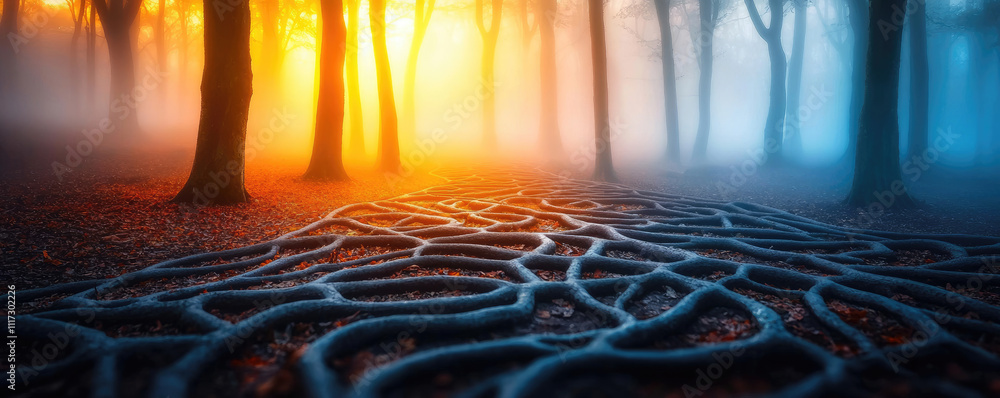 Poster a mystical forest scene with glowing light through fog and intricate tree roots.