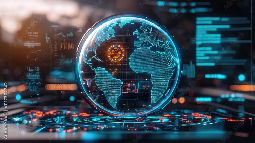 Poster futuristic globe with data display against a vibrant digital interface.