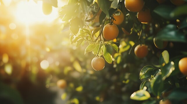 Ripe Oranges on Tree free space for text