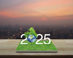 2025 with planet and tree on green grass on open book on table over cityscape on warm light...