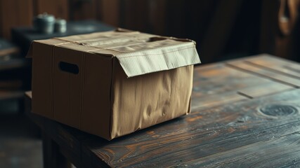 Fototapeta premium A simple cardboard box, with a worn and distressed look, sits atop a rustic wooden table, hinting at a story of time and wear.