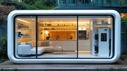 Obraz premium Modern smart home exterior with large glass windows showing stylish living room interior and high-tech appliances, perfect for real estate, technology, futuristic architecture, cozy ambiance, urban l
