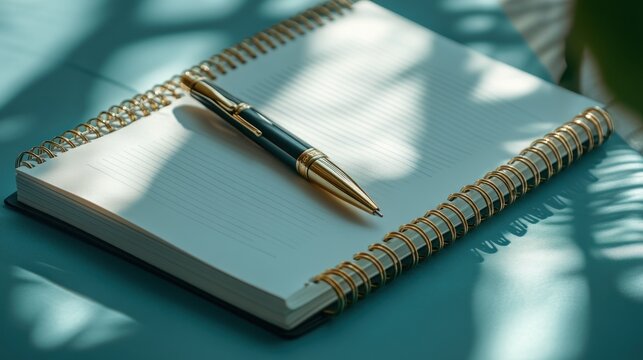 Elegant pen rests on a spiral bound notebook