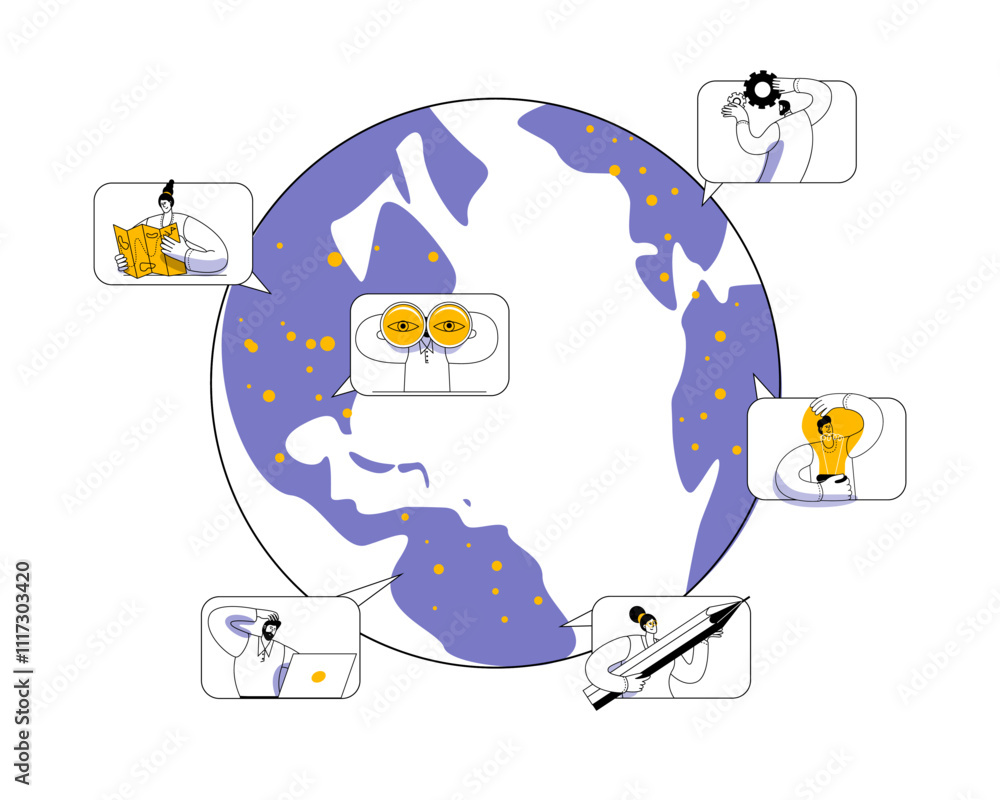 Aufkleber globe with workers in different parts of the world. vector illustration on the topic of forming a re