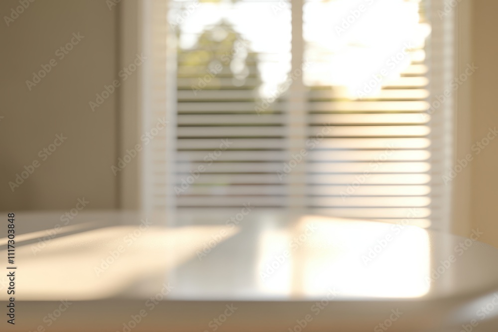 Poster a softly blurred view of a table with sunlight streaming through window blinds.