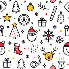 Seamless Christmas pattern with line icons of Santa, trees, gifts, snowflakes, and candy canes on white background.