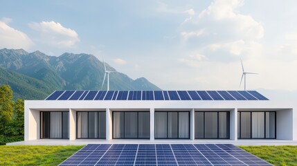 Obraz premium Futuristic green technologies building incorporating renewable energy mountain landscape high-resolution imagery modern design