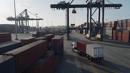 Busy container terminal scene showcasing intermodal transport, truck loading, and cranes operating in a bustling logistics environment under clear skies.