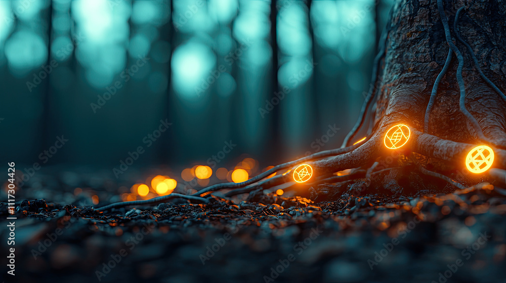 Poster a mystical forest scene with glowing orbs around a tree's roots, creating an enchanting atmosphere.